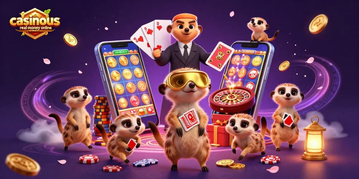 Experience the excitement of casinous.com real money online casino with playful meerkats in a vibrant casino setting.