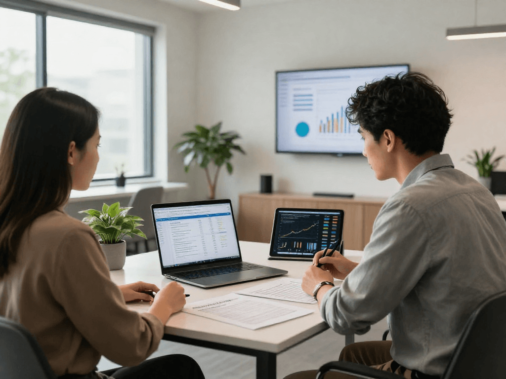 Zakelijke lening adviesgesprek in een moderne kantooromgeving met financiële documenten en cijfers.