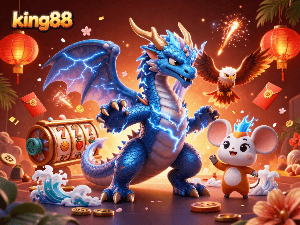 Spin the reels with king88, featuring a vibrant casino scene with mythical characters and colorful gambling elements.