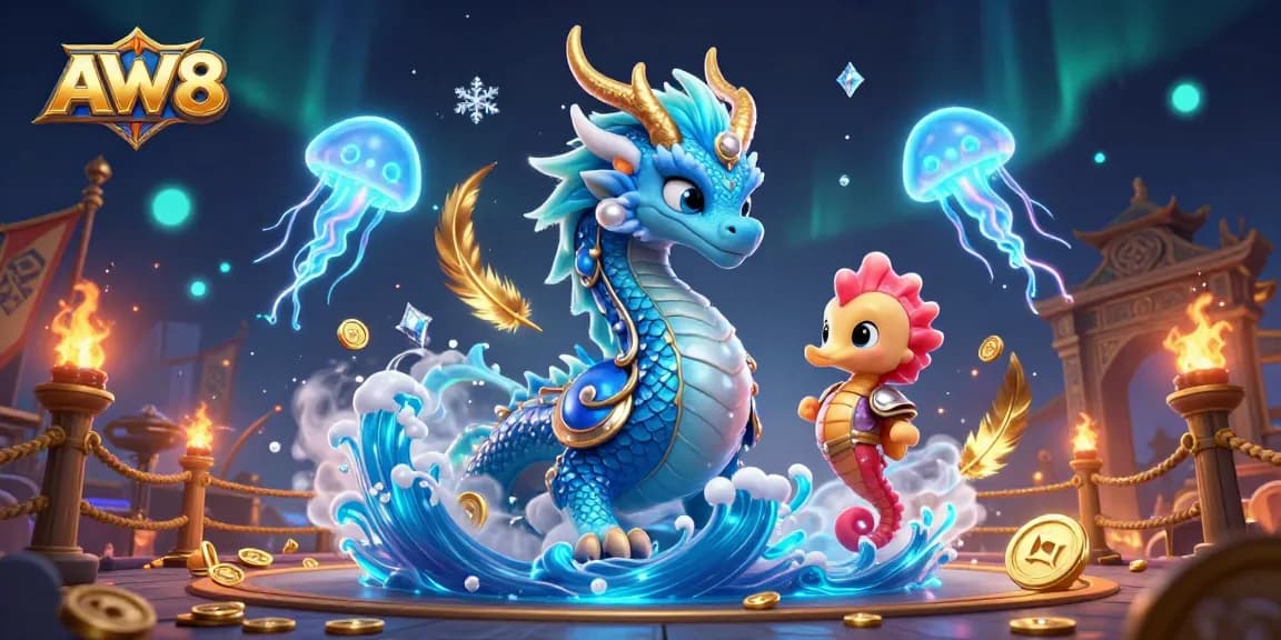 AW8 showcases an azure water dragon and seahorse knight in a vibrant casino scene filled with shimmering elements.