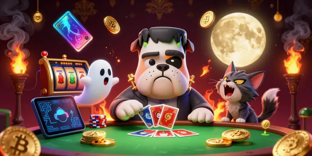 Experience thrilling card games at mm88 with a Frankenstein bulldog dealer and digital crypto elements.