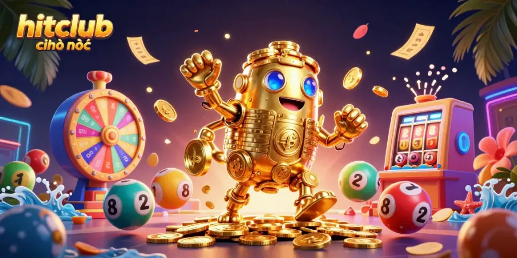 Engage with hitclub chính thức through dynamic gaming elements, highlighted by a golden golem and vibrant lottery balls.