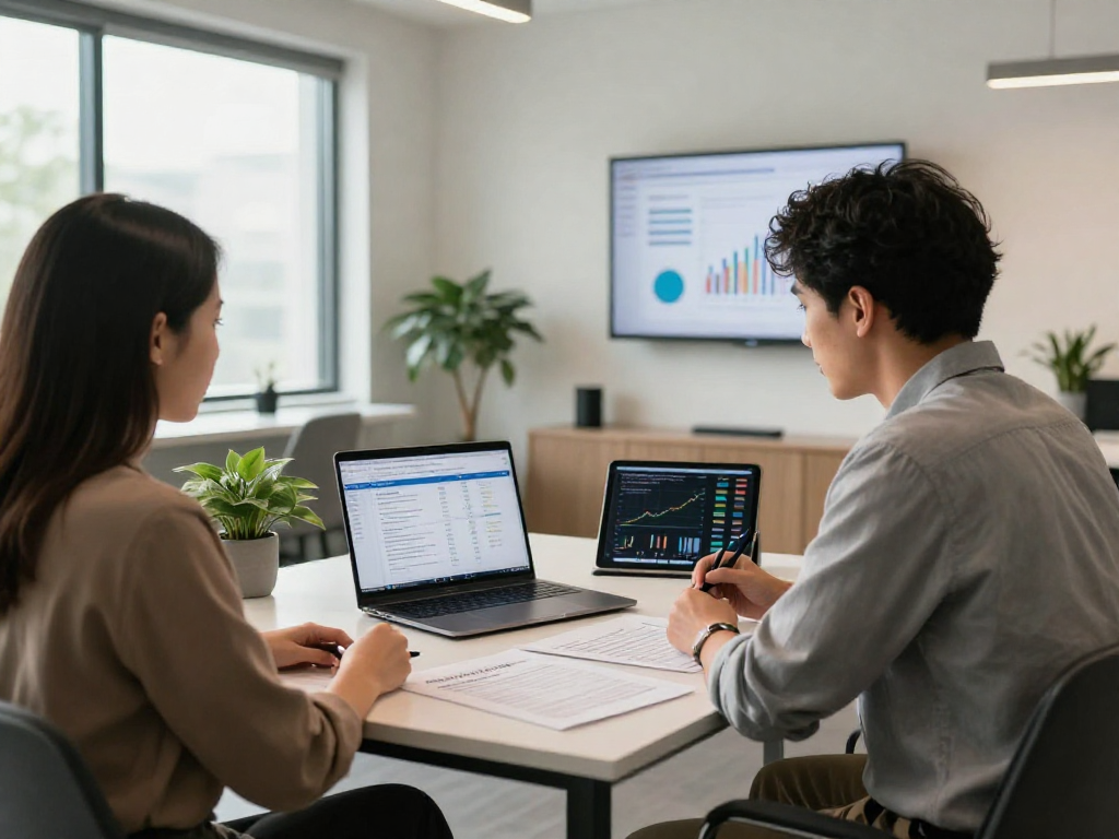 Zakelijke lening adviesgesprek in een moderne kantooromgeving met financiële documenten en cijfers.