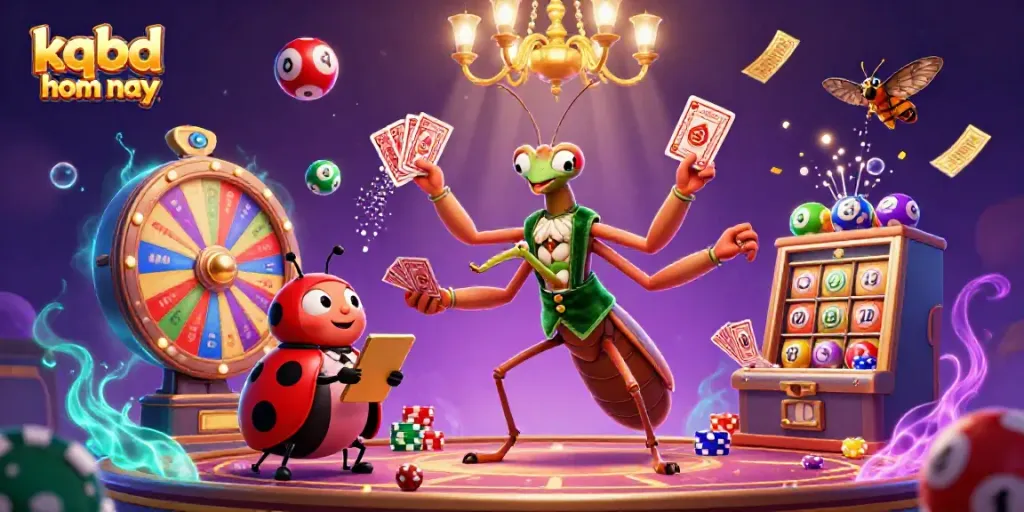 Engaging KQBD Euro hom nay scene featuring a giant praying mantis card sharp with gameplay elements for bettors.