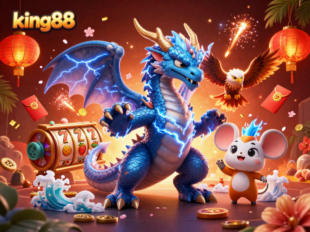 Spin the reels with king88, featuring a vibrant casino scene with mythical characters and colorful gambling elements.