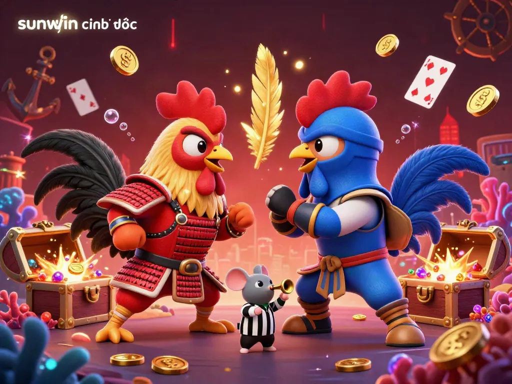 Experience intense action with sunwin chính thức's fighting roosters in a colorful casino ring filled with treasure.