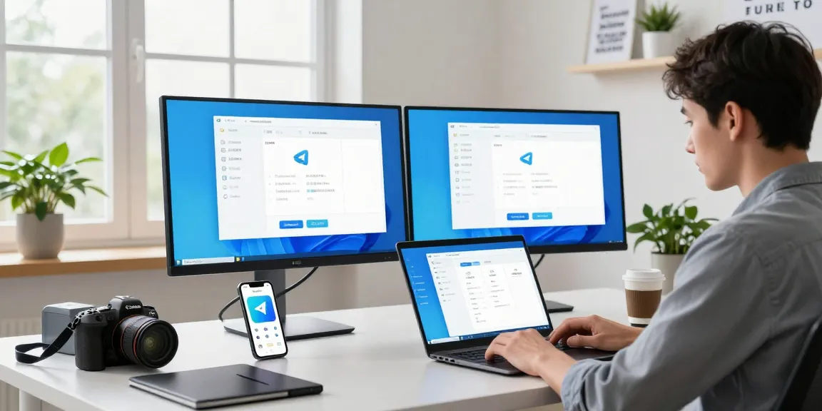 Tech-savvy individual setting up the Telegram Chinese Version in a modern workspace.