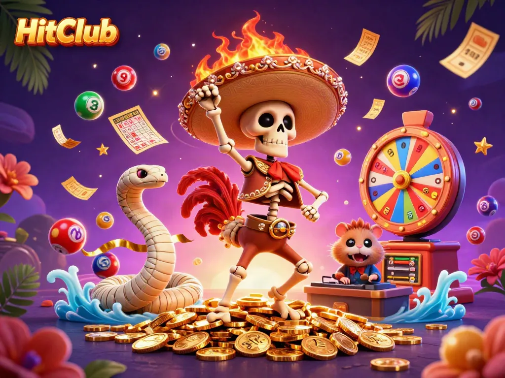 HitClub offers vibrant lottery gameplay with a festive 3D illustration of characters celebrating wins.