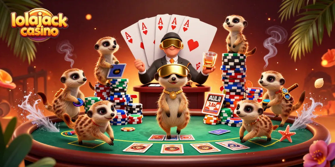 Experience the excitement of lolajack casino as meerkats handle casino games and chips in a vibrant scene.