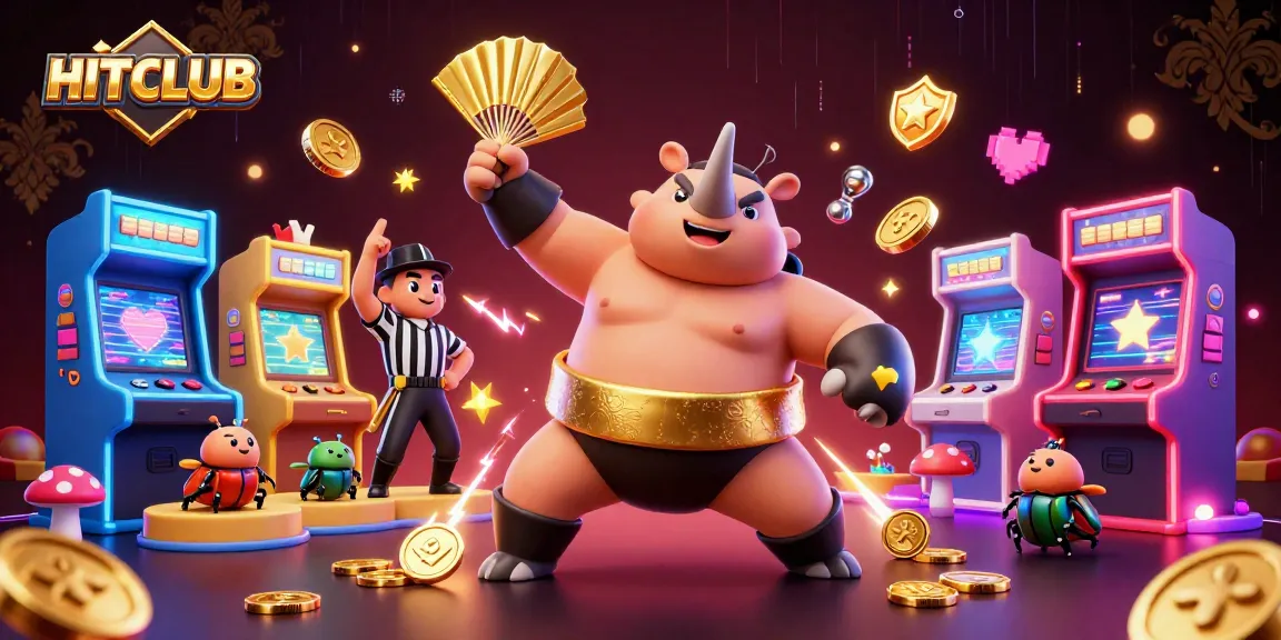 Experience exciting adventures at HITCLUB with a lively sumo champion beetle surrounded by casino treasures.