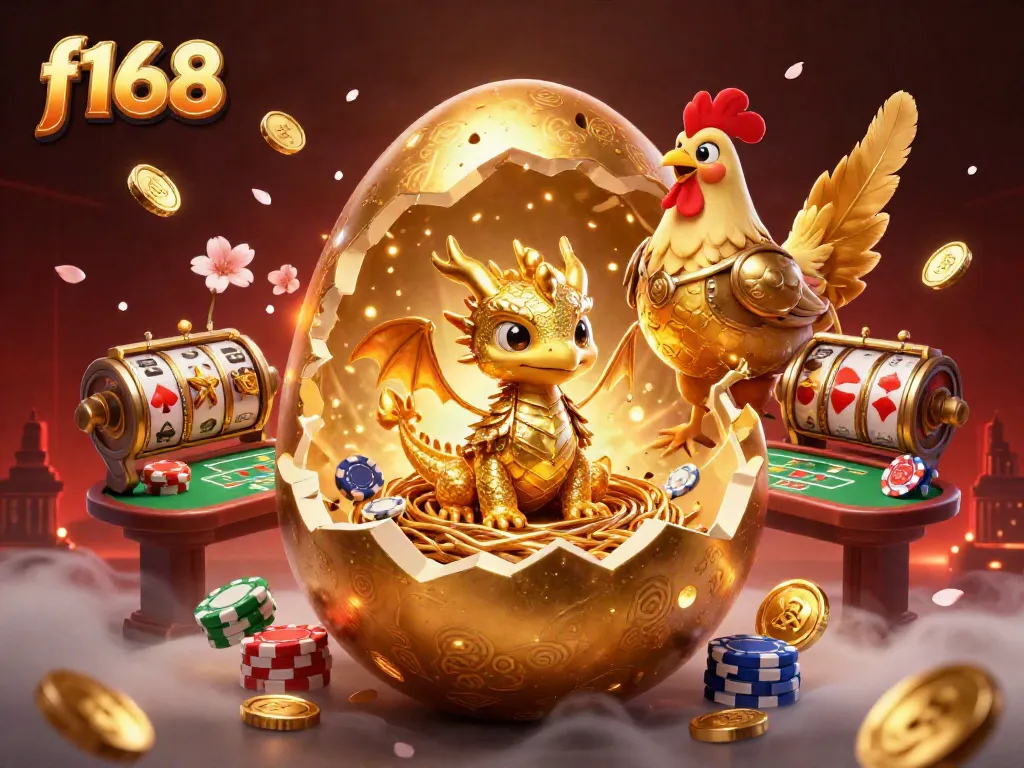 Experience excitement at f168 with a golden dragon and poker chips in a lavish casino scene.