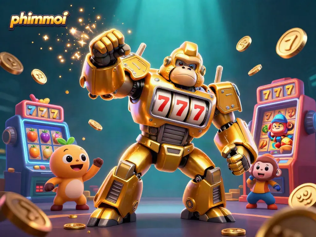 Experience thrilling phimmoi gameplay with a golden gorilla mech amidst exploding coins and vibrant slot elements.