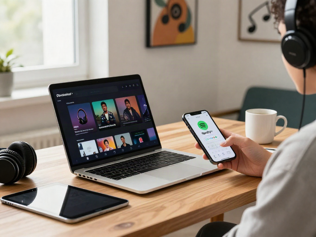 Downloading Spotify++ at a modern desk with an iPhone, laptop, and music decor.
