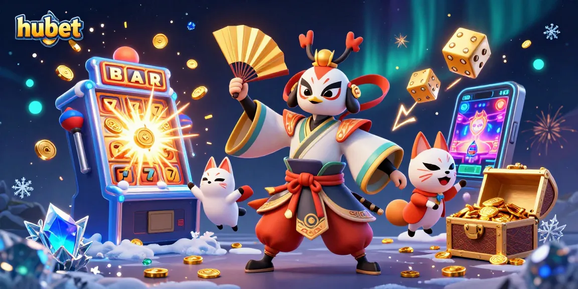 Join the exciting world of hubet with a vibrant 3D illustration featuring a kabuki warrior and massive slot machine.
