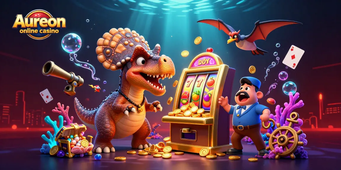 Aureon online casino showcases a colorful scene with a dinosaur winning at the slot machine.